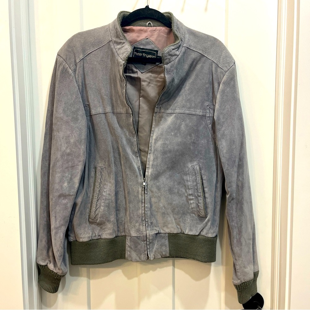 Peter England Men’s Vintage Suede Leather Gray Bomber Jacket Size Large‎